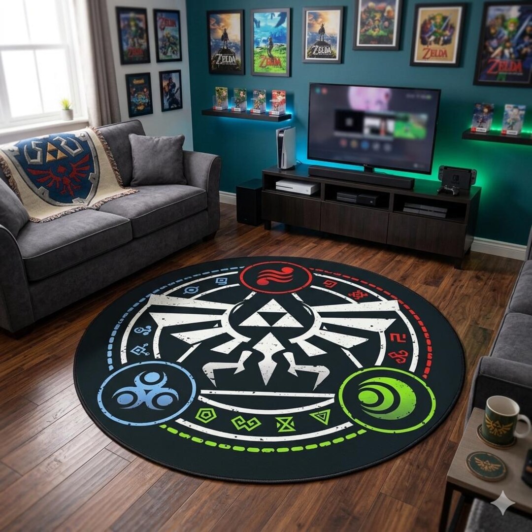 Zelda Inspired Triforce Round Rug, Gamer Room Decor, Large Circular ...