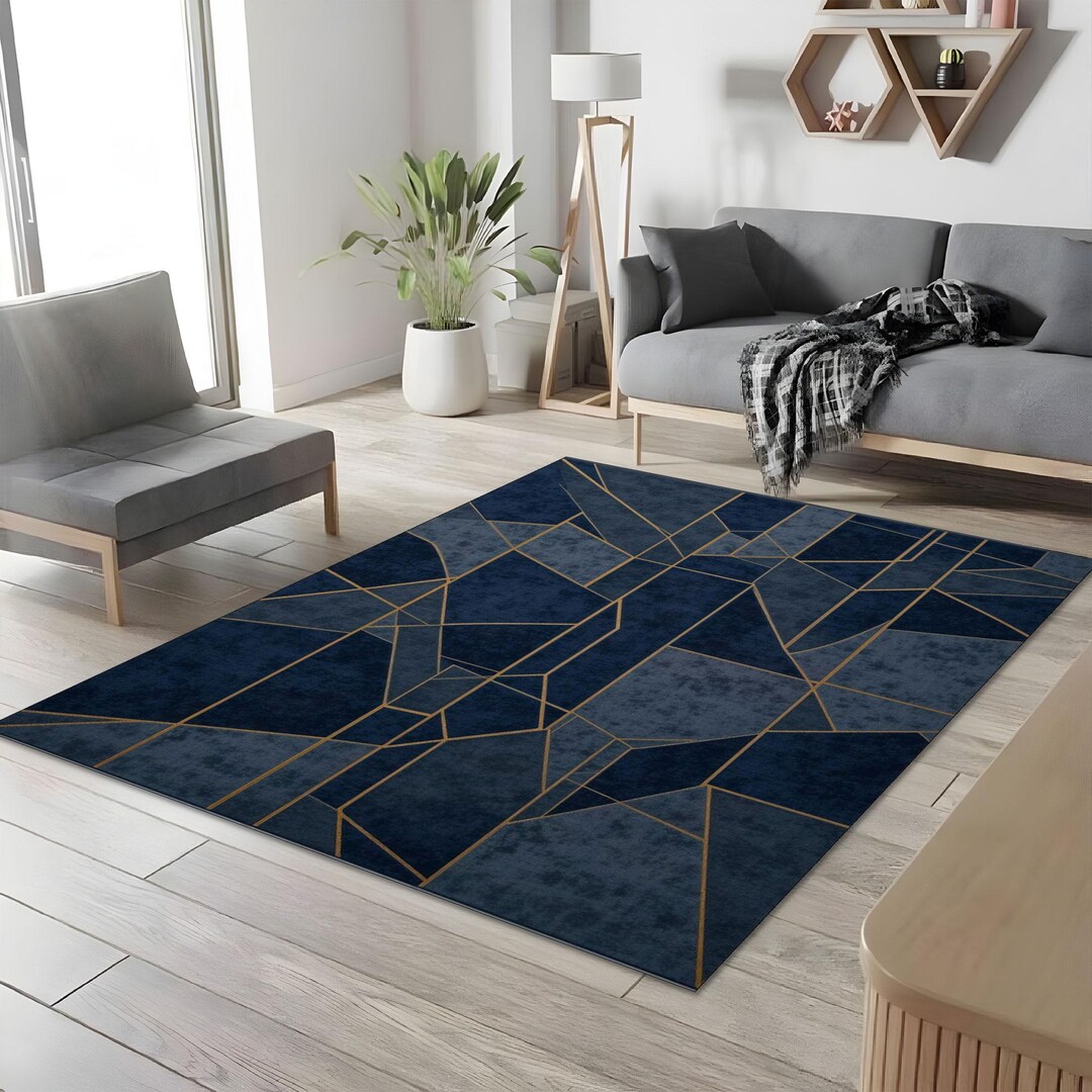 Navy Blue Geometric Area Rug: Modern Gold Line Art Carpet, Living Room ...