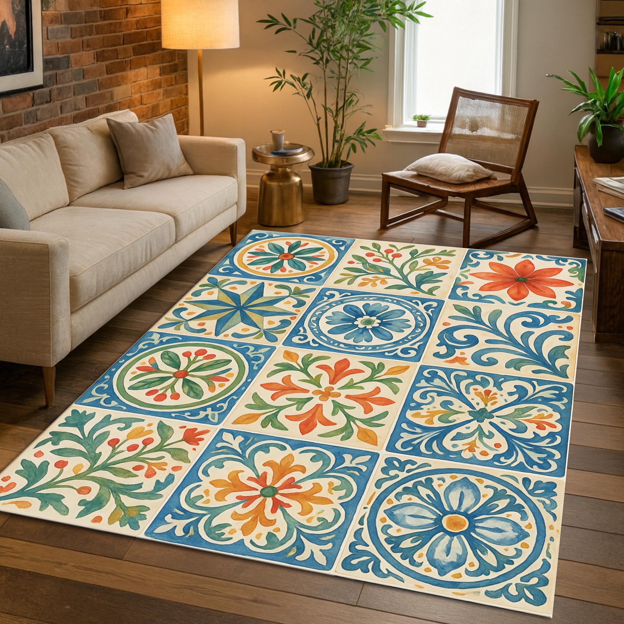 Ceramic Tile Rugs Mediterranean Tile Rug, Colorful Boho Area Rug, Spanish Ceramic Pattern ...