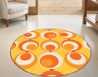 Mid Century Modern Round Rug: Yellow, White & Orange Retro Accent Carpet