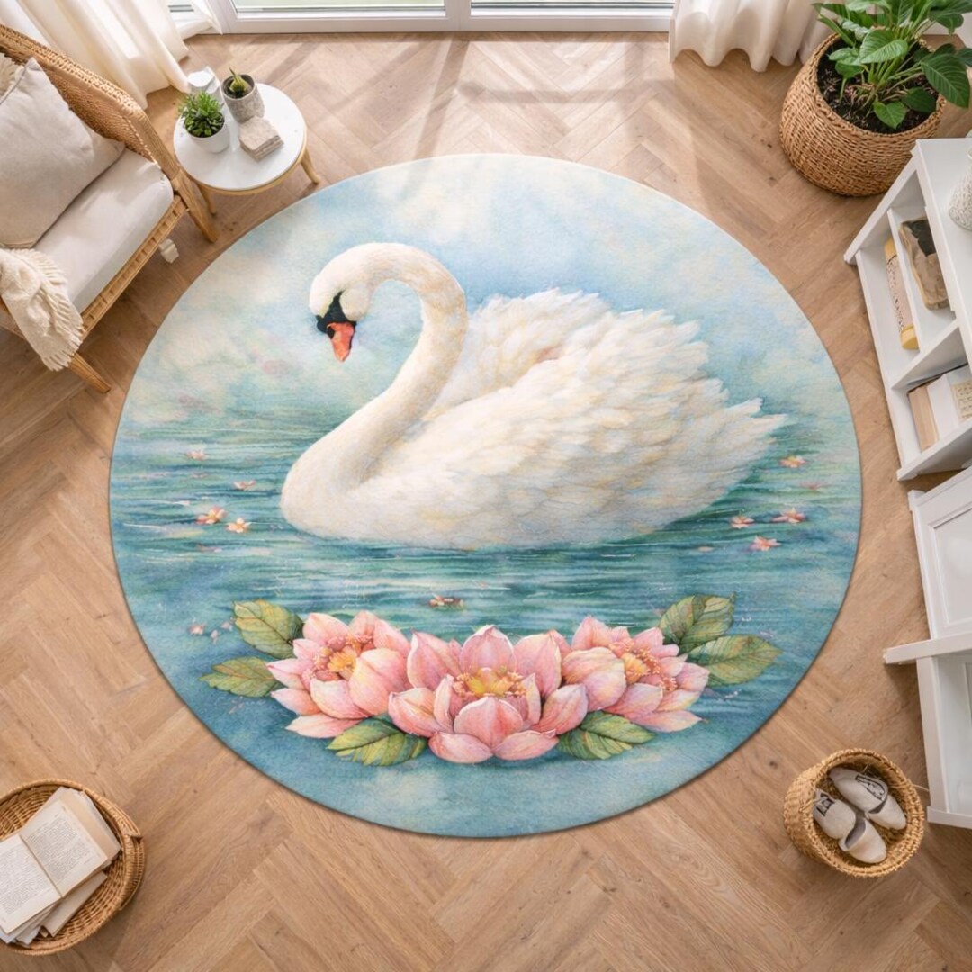 Round Swan Rug, Watercolor Swan Area Rug, Floral Lotus Rug, Kitchen Rug ...