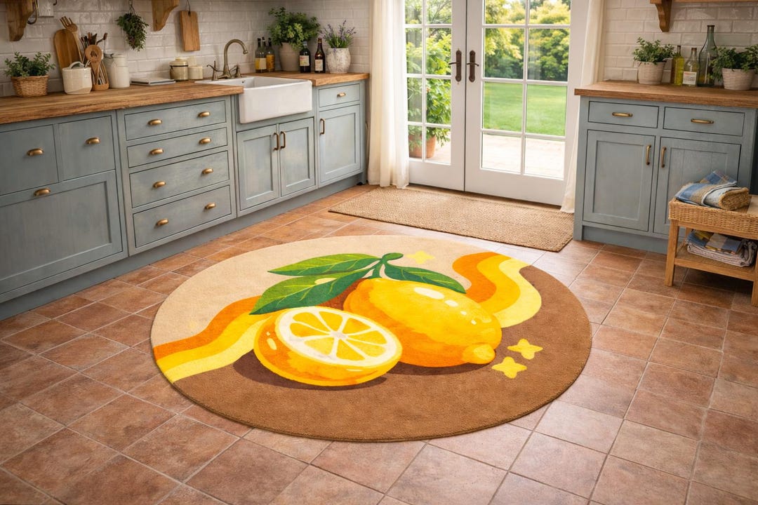 Kitchen Circle Rugs Lemon Kitchen Rug, Round Farmhouse Rug, Rustic French Country Kitchen ...