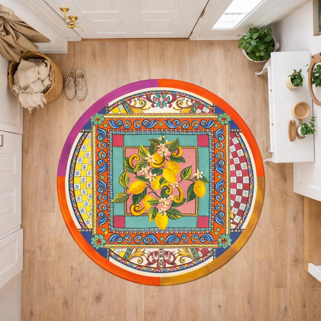 Tomatillo Rugs Sicilian Lemon Round Rug, Mediterranean Colorful Kitchen Rug, Italian ...