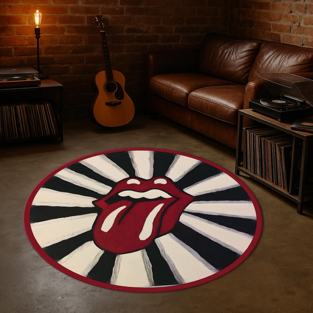 Rob Singer Rugs Rock Style Round Rug, Retro Tongue Art Carpet for Music Lovers, Bold ...