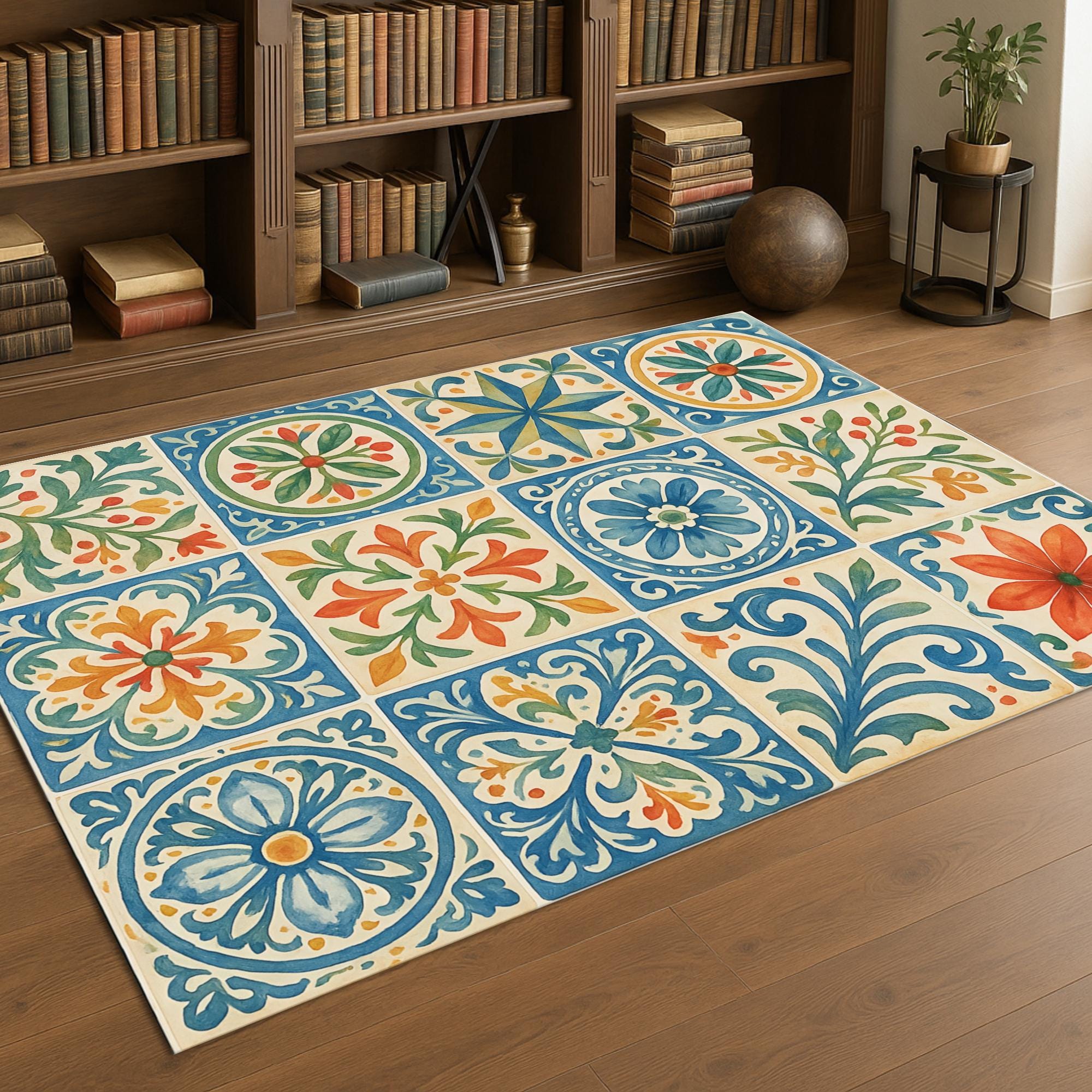 Mediterranean Tile Rug, Colorful Boho Area Rug, Spanish Ceramic Pattern ...