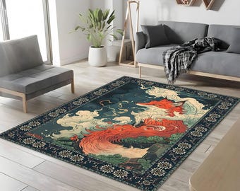 Art Deco Fox Rug: Non-Slip Machine Washable Accent Rug, Fantasy Fox Rug for Living Room or Bedroom, Non Slip Fox Theme Rugs for Anime Lovers