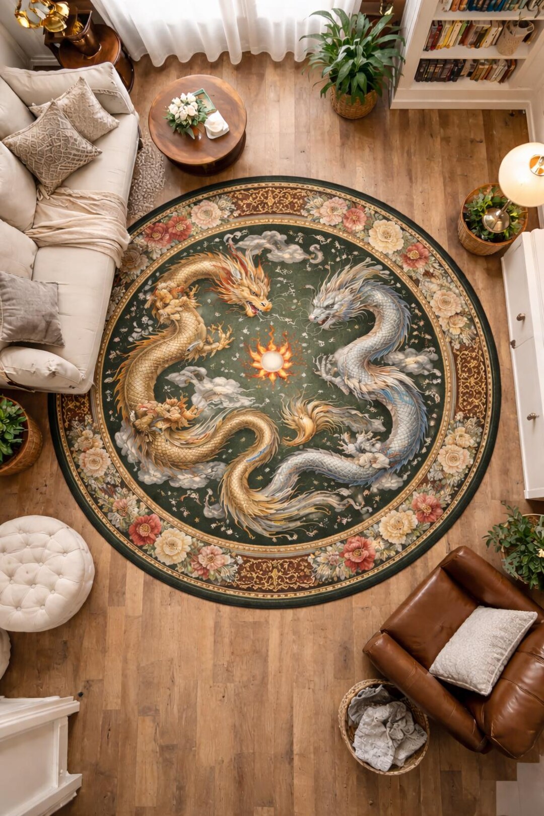 Round Dragon Rug, Japan Art Fantasy Dragon Rug, Non Slip Circle Rug ...