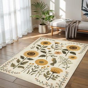 Floral Area Rug: Boho Sunflower Print, Earth Tone Carpet