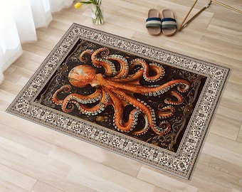Octopus Rug – Nautical Sea Creature Carpet, Ocean Inspired Area Rug, Coastal Bohemian Living Room Rug, Unique Underwater Animal Home Decor