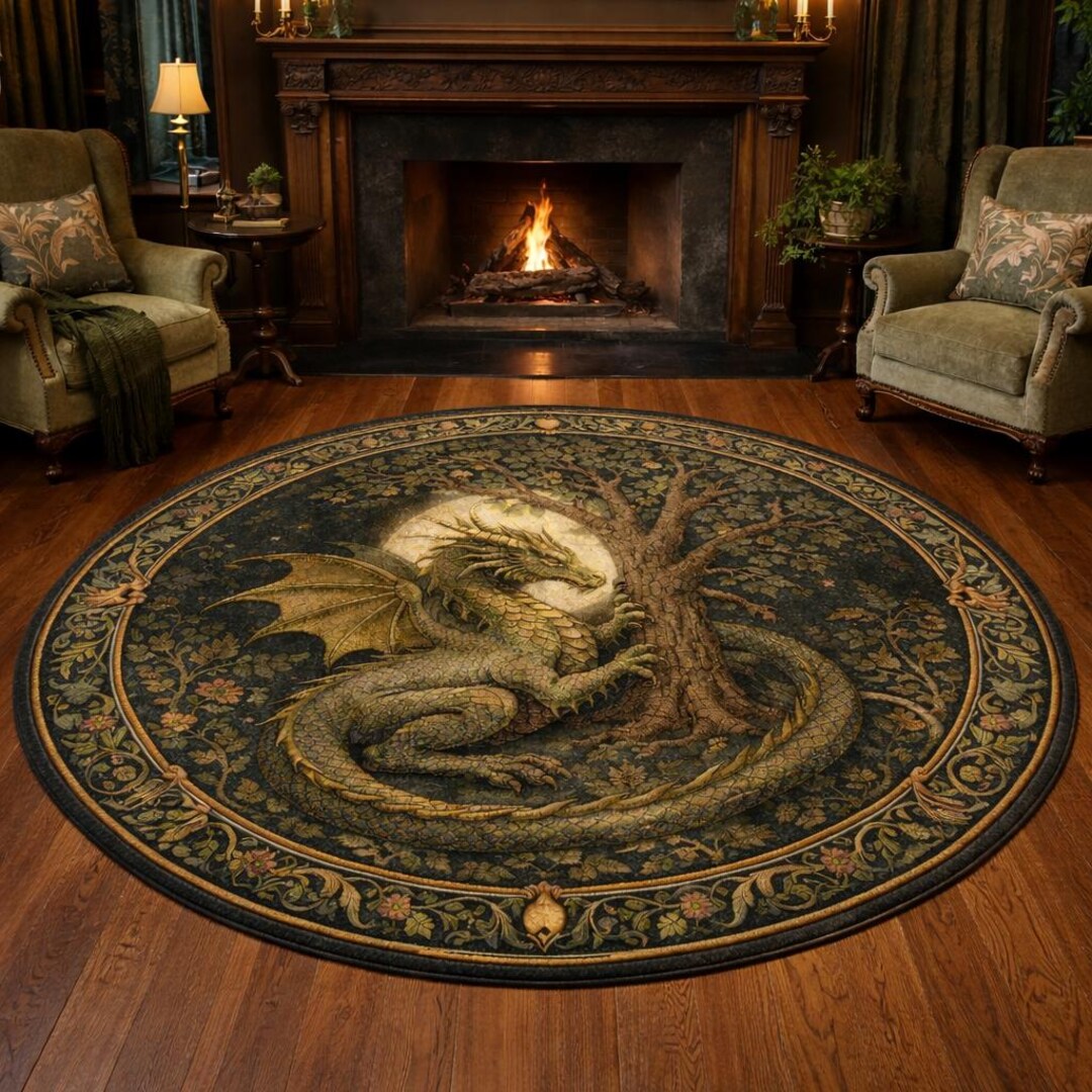 Round Dragon Rug, Tree of Life Rug, Fantasy Botanical Circle Rug ...