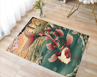 Koi Fish Art Rug: Japanese Oriental Decor, Digital Print Carpet, Japan Art Living Room Decor, Japan Home Decor, Non Slip Printed Rug