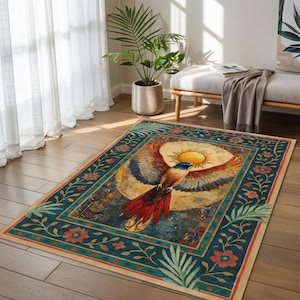 Tapis imprimé oiseaux : tapis de salon bohème lavable