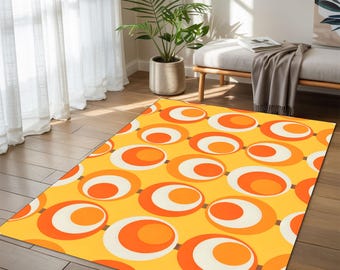 Retro Yellow Orange Area Rug: Mid-Century Modern Style, Non-Slip Washable