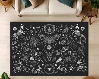 Tapete preto gótico com esqueletos, mariposas, caveiras e símbolos místicos | Decoração estética oculta e sombria