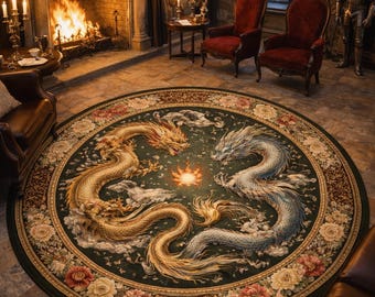 Round Dragon Rug, Japan Art Fantasy Dragon Rug, Non Slip Circle Rug, Medieval Dragon Area Rug, Japan Culture Inspired Home Decor