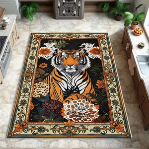 Tiger Rug, Colorful Washable Rug For Flamboyant Home Decor, Living Room, Decorative Rug For Bold Decor, Fierce Decor, Maximalist Home Decor