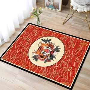 Japan Art Tiger Theme Printed Rug, Unique Rugs For Living Room, Decorative Rug For Bold Decor, Japan Art Decor, Maximalist Home Decor