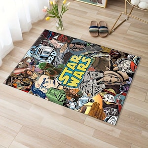May include: A colourful Star Wars themed rug featuring a collage of characters and spaceships. The text "STAR WARS" is in large, yellow letters.