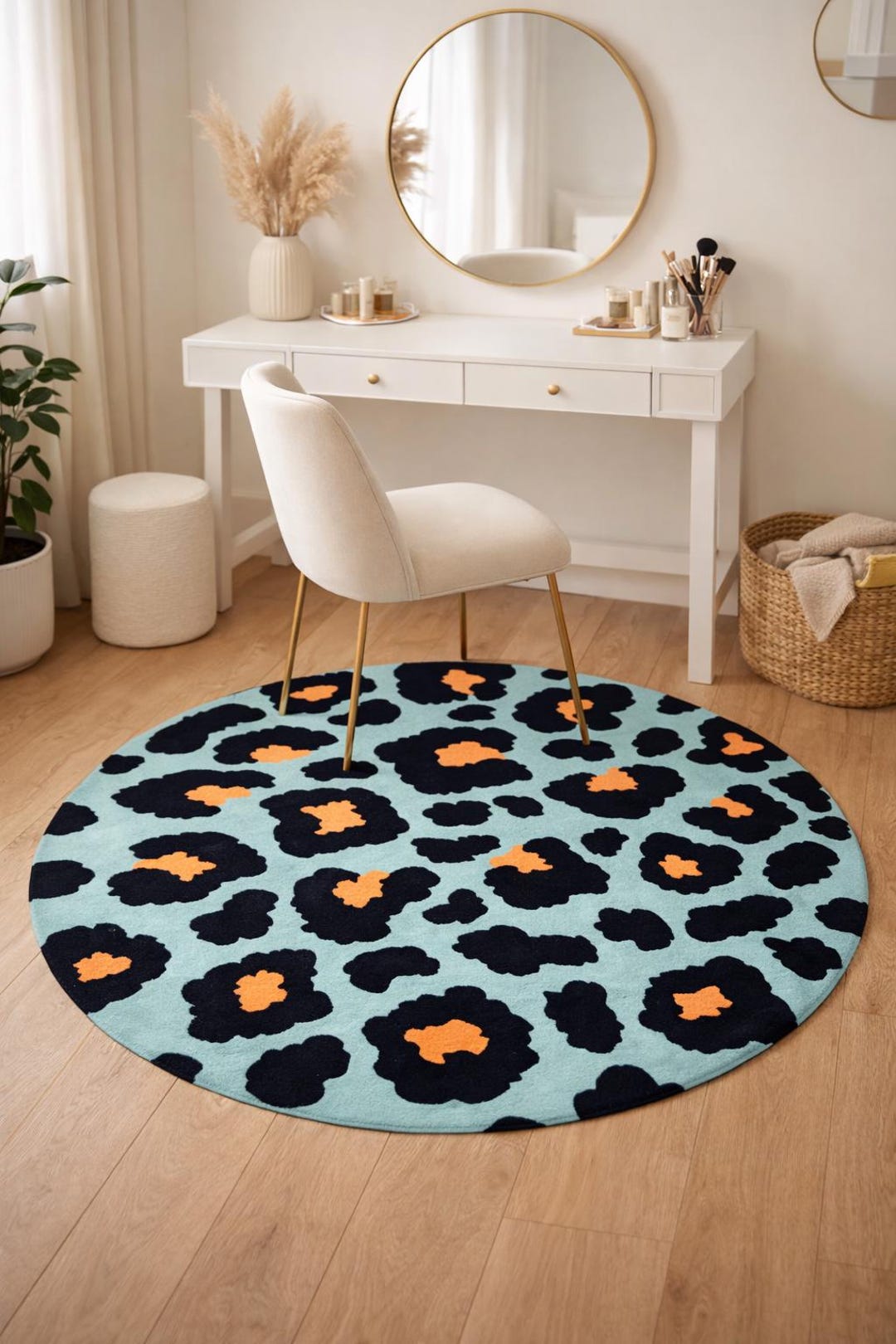 Round Leopard Print Rug, Turquoise Animal Pattern Area Rug, Modern Boho ...