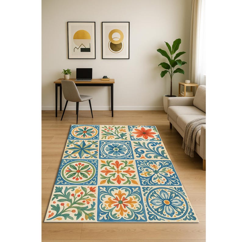 Ceramic Tile Rugs Mediterranean Tile Rug, Colorful Boho Area Rug, Spanish Ceramic Pattern ...