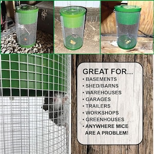 May include: Green mouse trap with a wire cage and a green lid. The trap is sitting on a wooden surface. The text "GREAT FOR..." is written on a sign with a list of places where the trap can be used, including basements, sheds, barns, warehouses, garages, trailers, workshops, greenhouses, and anywhere mice are a problem.
