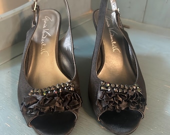Vintage Gloria Vanderbilt Black Dress Shoes Open Toe Sling Backs Ribbon Sparkle | Size 8
