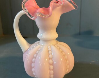 Vintage Fenton Glass Pink Crest White Overlay Beaded Melon Ruffled Pitcher Vase