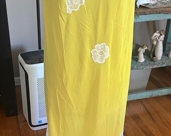 Vintage 1960’s Butter Yellow Maxi PJ Slip with White Floral Appliqué l Size Medium - Made in United States
