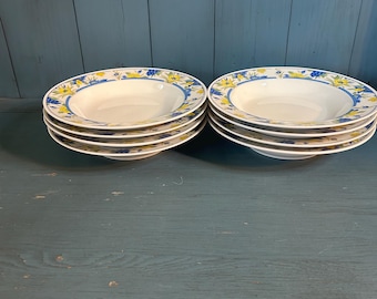 Vintage 1980’s Lynn’s Stoneware Bowls - Set of 8 | Yellow & Blue Floral Trim (Made in China)
