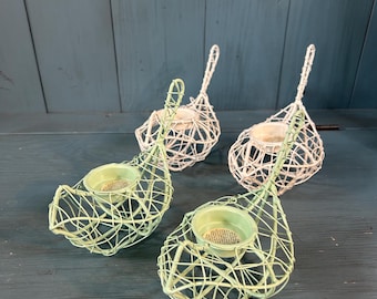 Tea Light Metal Bird Holders - Green & White | Set of 4