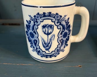 Vintage Hand Painted Ceramic White & Blue Mug - Dutch Delft | Tulip and Floral Design 12 Oz.