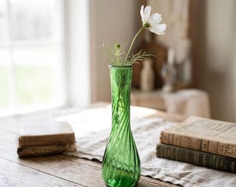 Vintage 1970’s CFG Emerald Green Glass Bud Vase - Fluted & Ribbed Design With Scalloped Rim