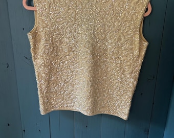 Vintage 1950/60’s Ivory Cream Sequined 100% Wool Cap Sleeves Sweater | Size Medium Made in Hong Kong - Alexander’s