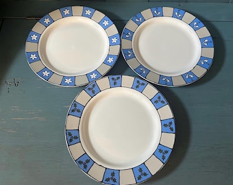 SET of 3 Christmas Holiday Rimmed Signature 9" Salad Dessert Plates URSULA DODGE - Ice Skates, Holly & Stars | Blue and Cream Ceramic