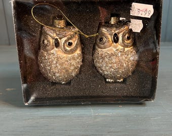 Vintage Christmas Glass Blown Owl Ornaments - Silver Glitter & Beads | NOS