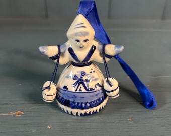 Vintage Hand-Painted Miniature Dutch Delft Milkmaid Ornament w/Blue Ribbon