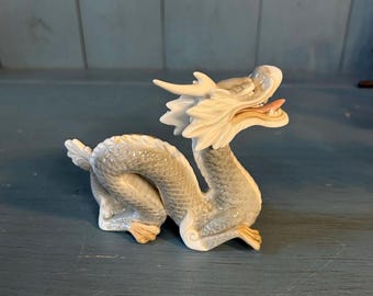 Vintage Japanese Yoshimi K. Porcelain Foo Dragon Figurine - White & Gray with Pink Tongue | Strength and Power