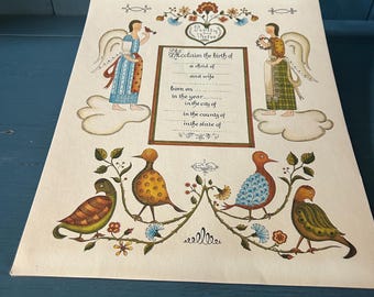 Vintage Pennsylvania Dutch Birth Announcement - Set of 2 w/original Envelope
