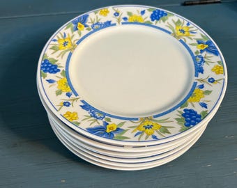 Vintage 1980’s Lynn’s Stoneware Salad Plates | Set of 8 Yellow & Blue Floral Motif - Made in China