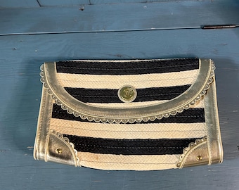 Mudpie Clutch Purse - Creamy Beige & Black Block Striped with Gold Scalloped Trim and Snap Button Closure