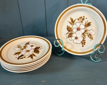 Vintage 1970-tals Mountain Wood Collection "Torkade blommor" stengods salladstallrikar - set om 6 (brun och grädde)
