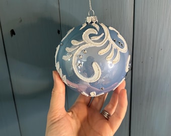 Christmas Bauble Ornament - Blue w/ White Glitter & Rhinestones