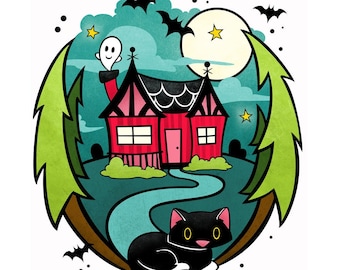 Halloween House Print - Halloween Illustration - Halloween Art