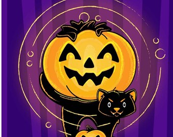 Vintage Halloween Cat Lamp Print - Vintage Halloween - Halloween Illustration - Halloween Art - Cat Art