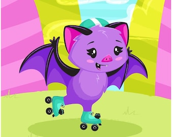 Skating Bat Print - Halloween - Halloween Illustration - Halloween Art - Bat Art