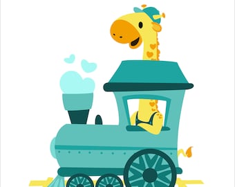 Giraffe Train Print Blue - Giraffe Illustration - Train Illustration - Children’s Illustration