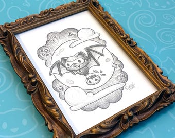Bat Trick-or-Treat Framed Drawing - Bat Illustration - Halloween