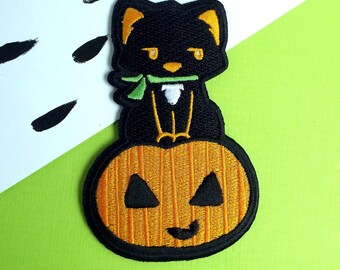 Halloween Cat and Pumpkin Patch - Halloween Patch - Iron-On Patch