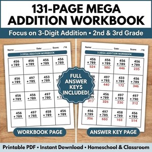 Peut inclure: Un cahier d'exercices d'addition de 131 pages et un corrigé pour les élèves de 2e et 3e année. Le cahier d'exercices porte sur l'addition à 3 chiffres. Les pages comprennent des problèmes d'addition et la clé de réponses.