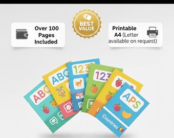 Lernkarten für Kinder | 8 druckbare Hefte | Alphabet • Zahlen • Verben • Tiere • Früchte